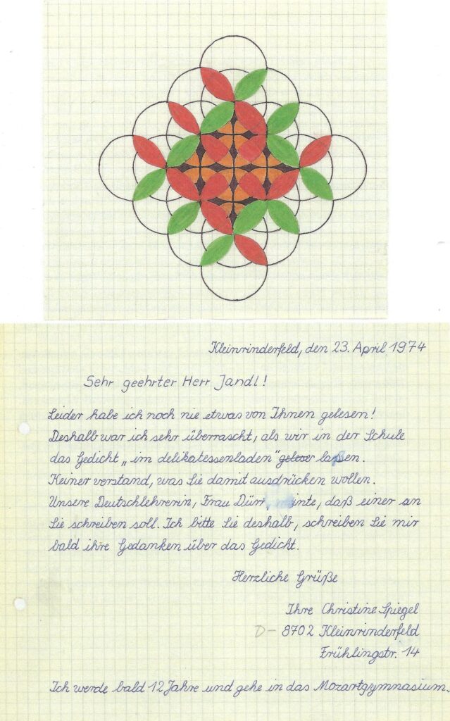 Brief einer 12jährigen Schülerin aus Deutschland an EWrnst Jandl vom 23.4.1974
